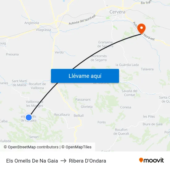 Els Omells De Na Gaia to Ribera D'Ondara map