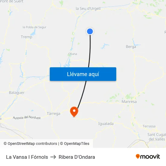 La Vansa I Fórnols to Ribera D'Ondara map