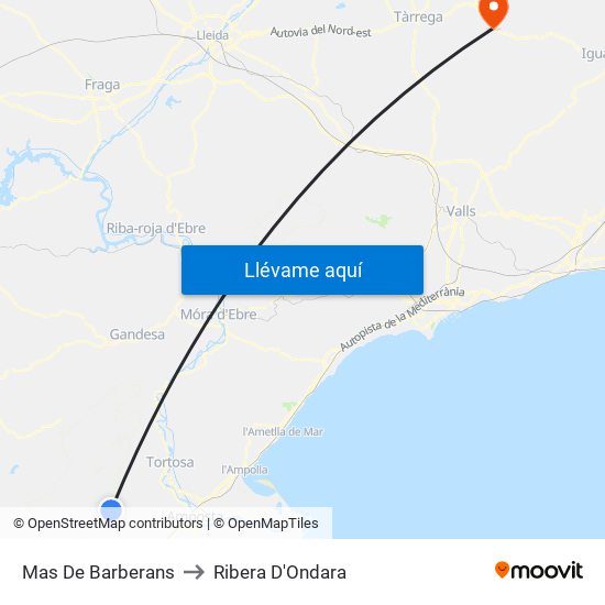 Mas De Barberans to Ribera D'Ondara map