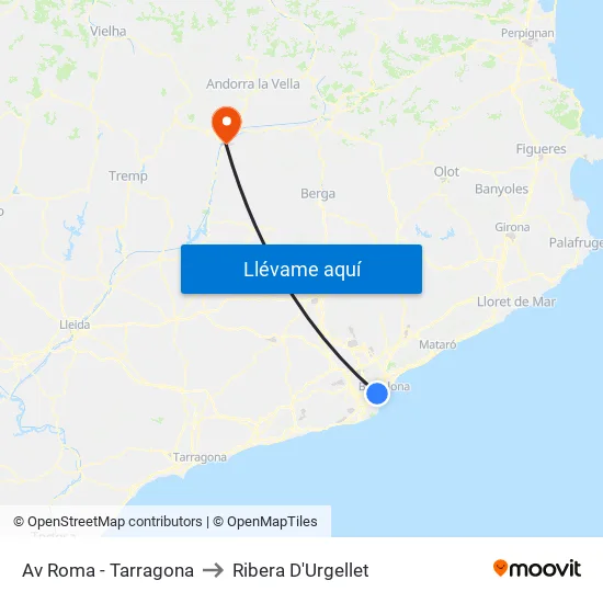 Av Roma - Tarragona to Ribera D'Urgellet map