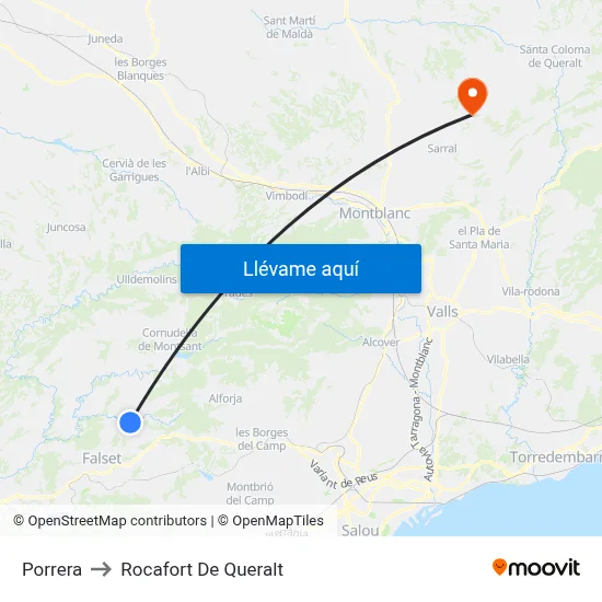 Porrera to Rocafort De Queralt map