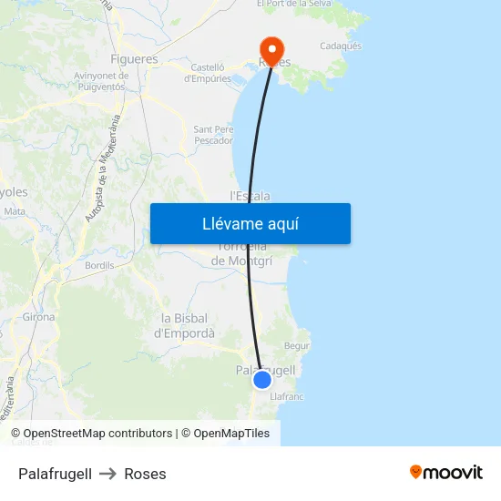 Palafrugell to Roses map