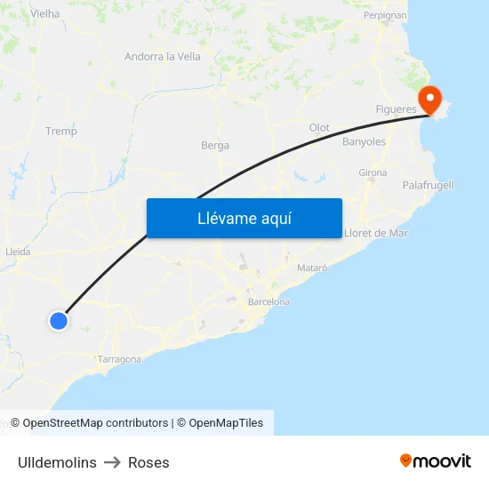 Ulldemolins to Roses map