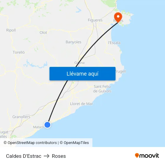 Caldes D'Estrac to Roses map