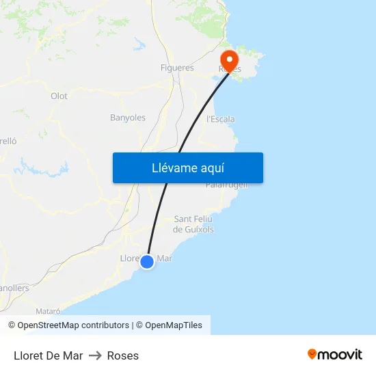 Lloret De Mar to Roses map