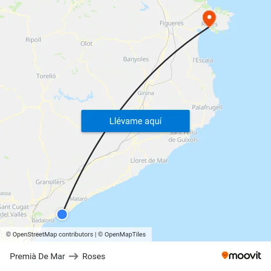 Premià De Mar to Roses map