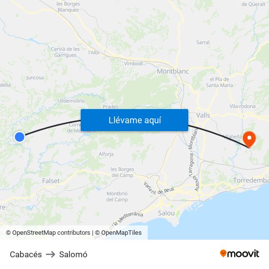 Cabacés to Salomó map
