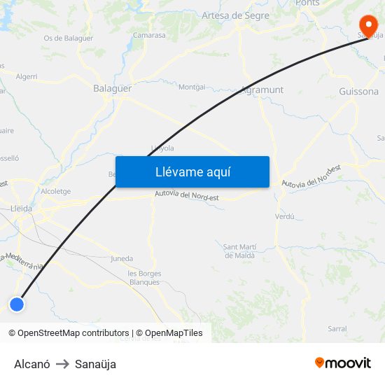 Alcanó to Sanaüja map