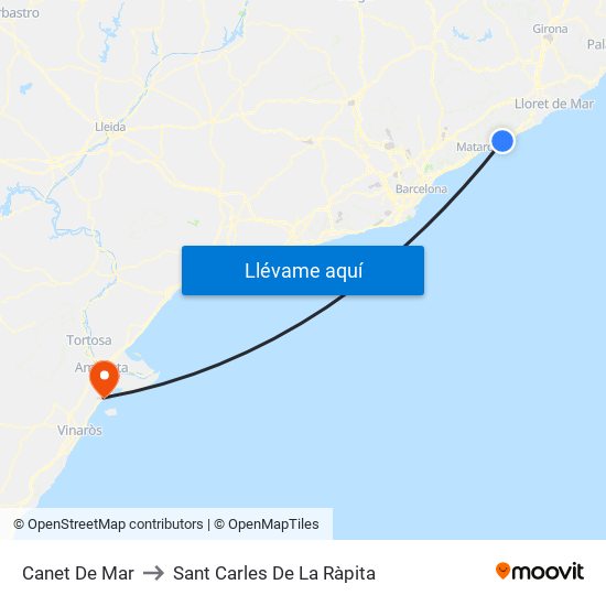 Canet De Mar to Sant Carles De La Ràpita map