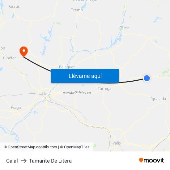 Calaf to Tamarite De Litera map