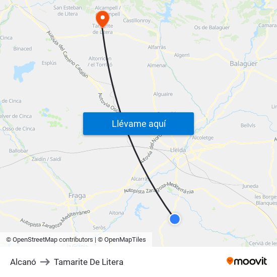 Alcanó to Tamarite De Litera map