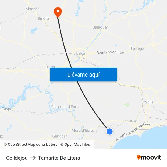 Colldejou to Tamarite De Litera map