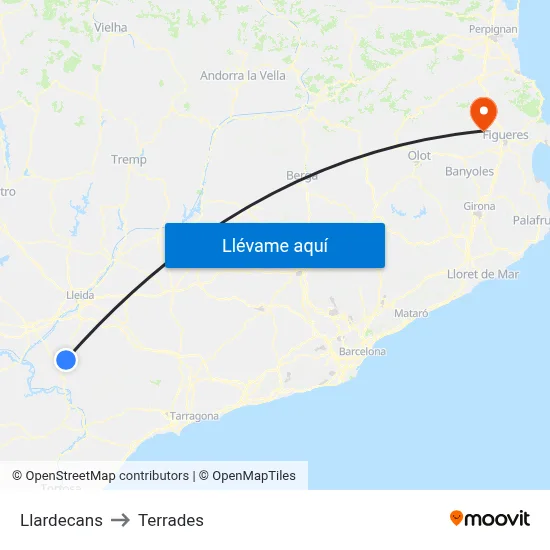 Llardecans to Terrades map