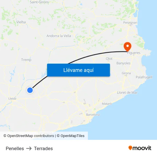Penelles to Terrades map