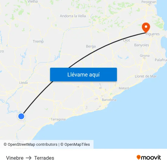 Vinebre to Terrades map