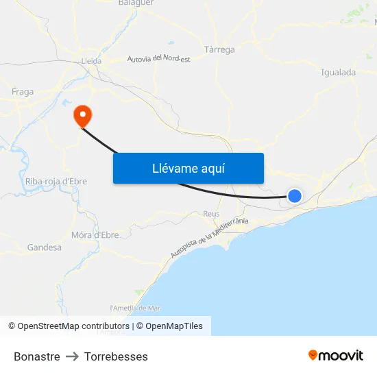 Bonastre to Torrebesses map