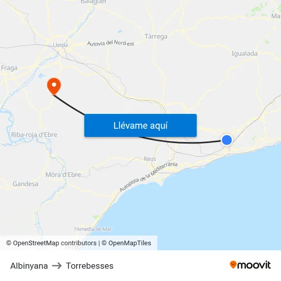 Albinyana to Torrebesses map