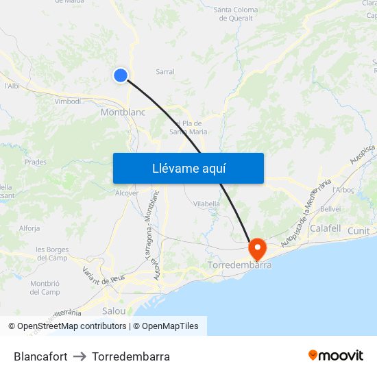 Blancafort to Torredembarra map