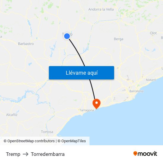 Tremp to Torredembarra map