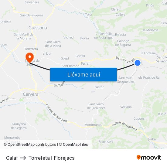 Calaf to Torrefeta I Florejacs map