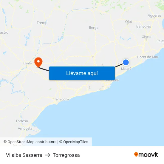 Vilalba Sasserra to Torregrossa map