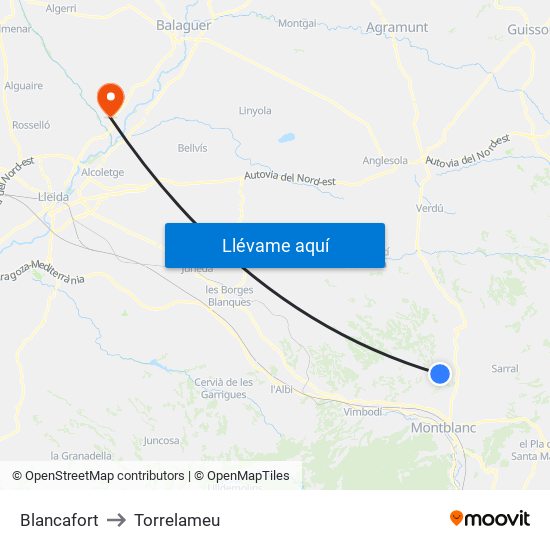 Blancafort to Torrelameu map