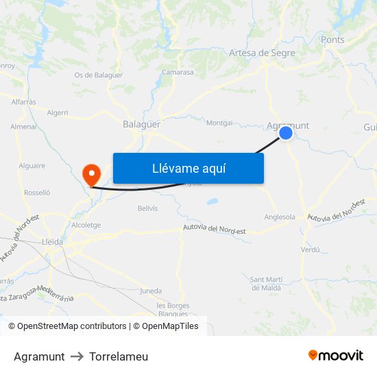 Agramunt to Torrelameu map