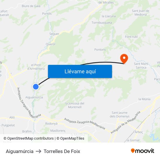 Aiguamúrcia to Torrelles De Foix map