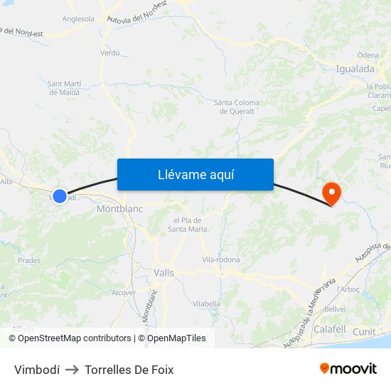 Vimbodí to Torrelles De Foix map