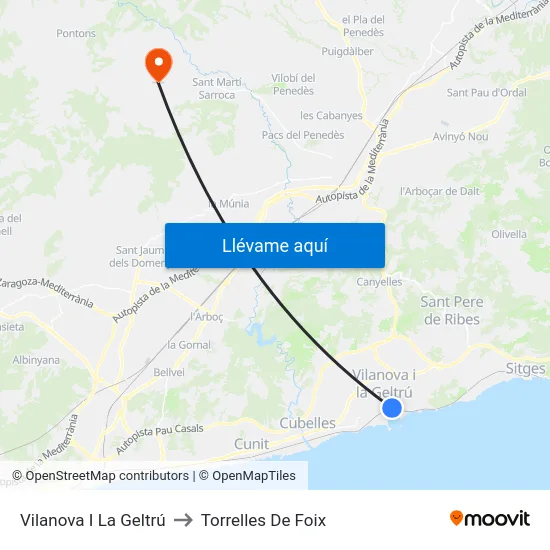 Vilanova I La Geltrú to Torrelles De Foix map