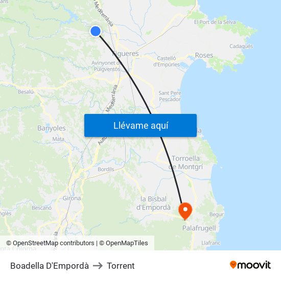 Boadella D'Empordà to Torrent map