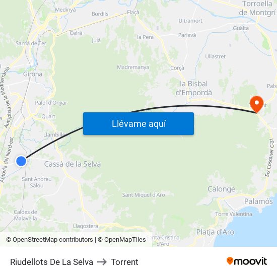 Riudellots De La Selva to Torrent map