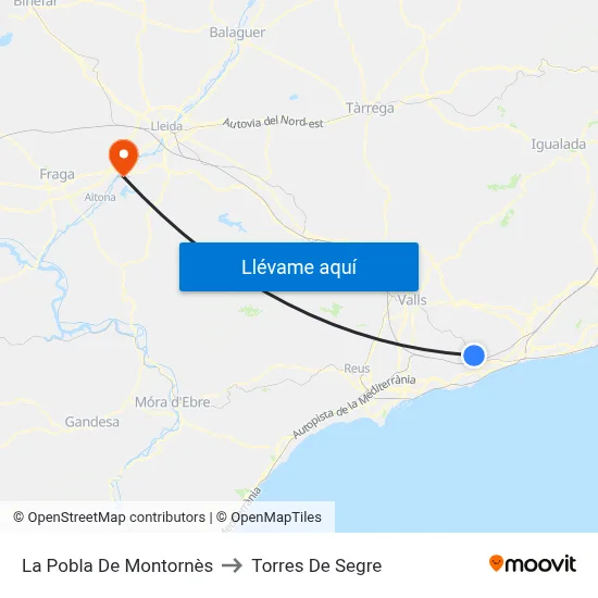 La Pobla De Montornès to Torres De Segre map