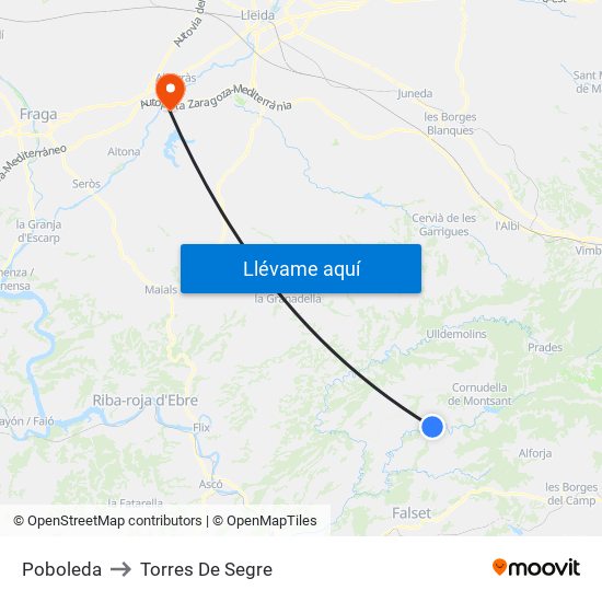 Poboleda to Torres De Segre map