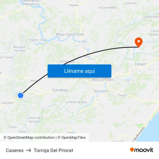 Caseres to Torroja Del Priorat map