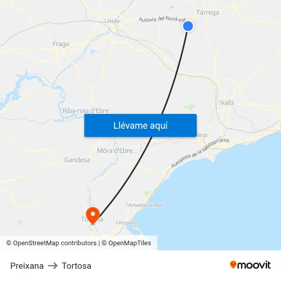 Preixana to Tortosa map