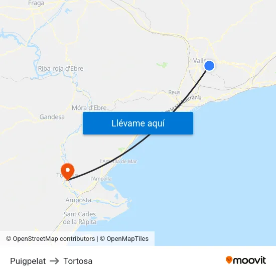 Puigpelat to Tortosa map