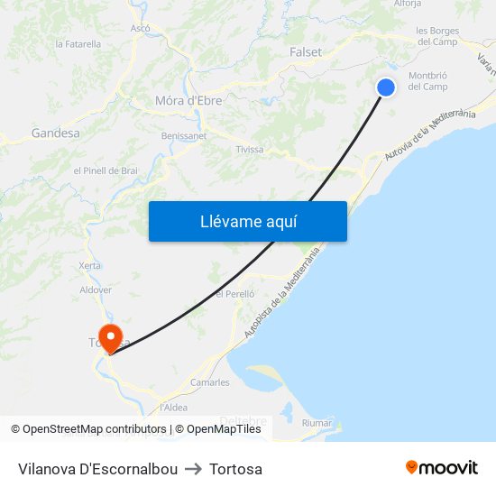 Vilanova D'Escornalbou to Tortosa map