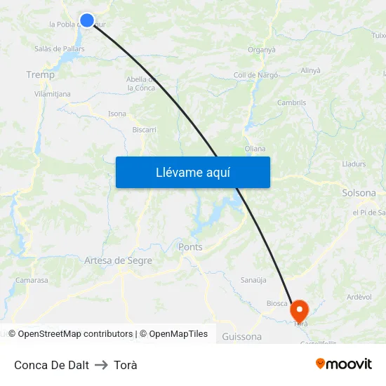 Conca De Dalt to Torà map