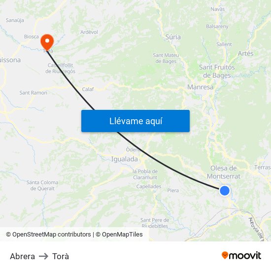 Abrera to Torà map