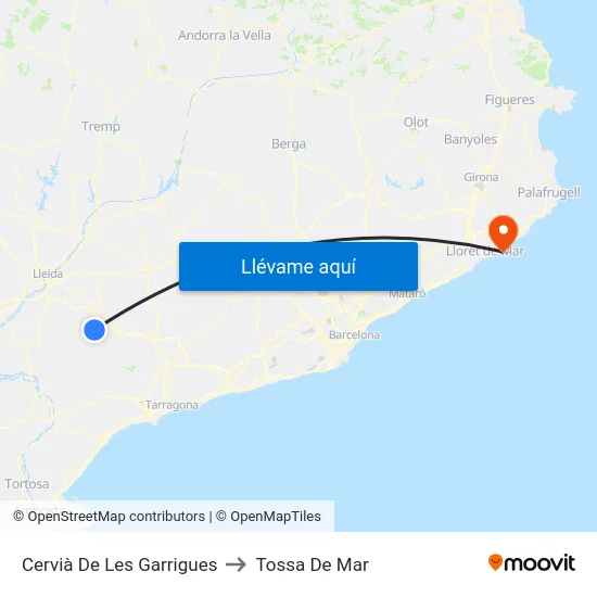 Cervià De Les Garrigues to Tossa De Mar map