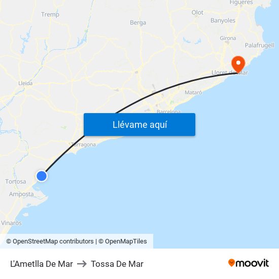 L'Ametlla De Mar to Tossa De Mar map