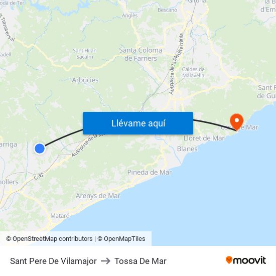 Sant Pere De Vilamajor to Tossa De Mar map