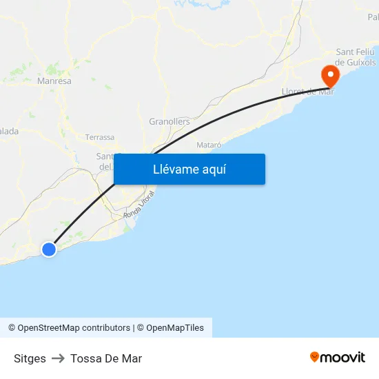 Sitges to Tossa De Mar map