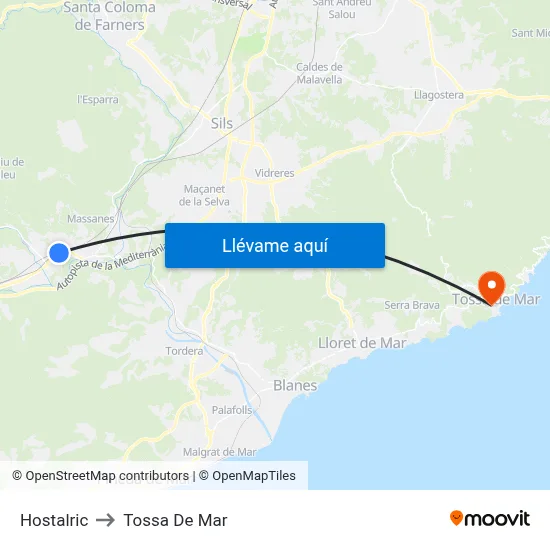 Hostalric to Tossa De Mar map