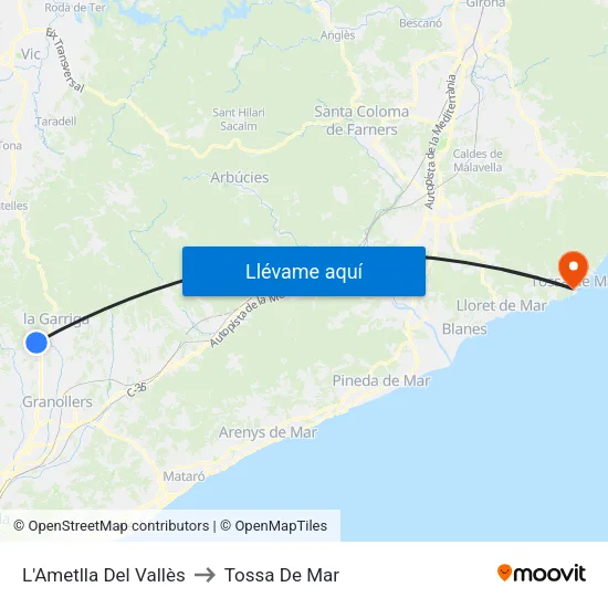 L'Ametlla Del Vallès to Tossa De Mar map