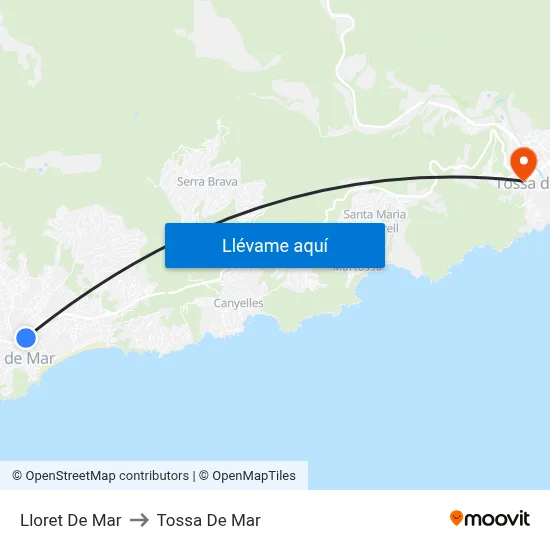 Lloret De Mar to Tossa De Mar map