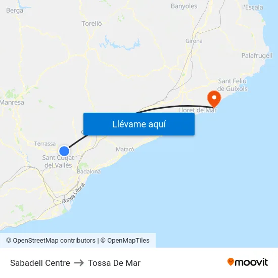 Sabadell Centre to Tossa De Mar map