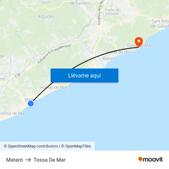 Mataró to Tossa De Mar map
