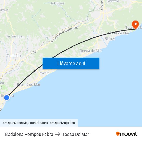 Badalona Pompeu Fabra to Tossa De Mar map